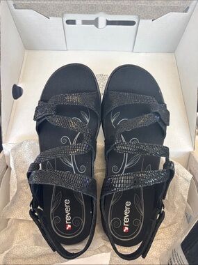 Revere Black Strappy Comfort Sandals with Subtle Sparkle